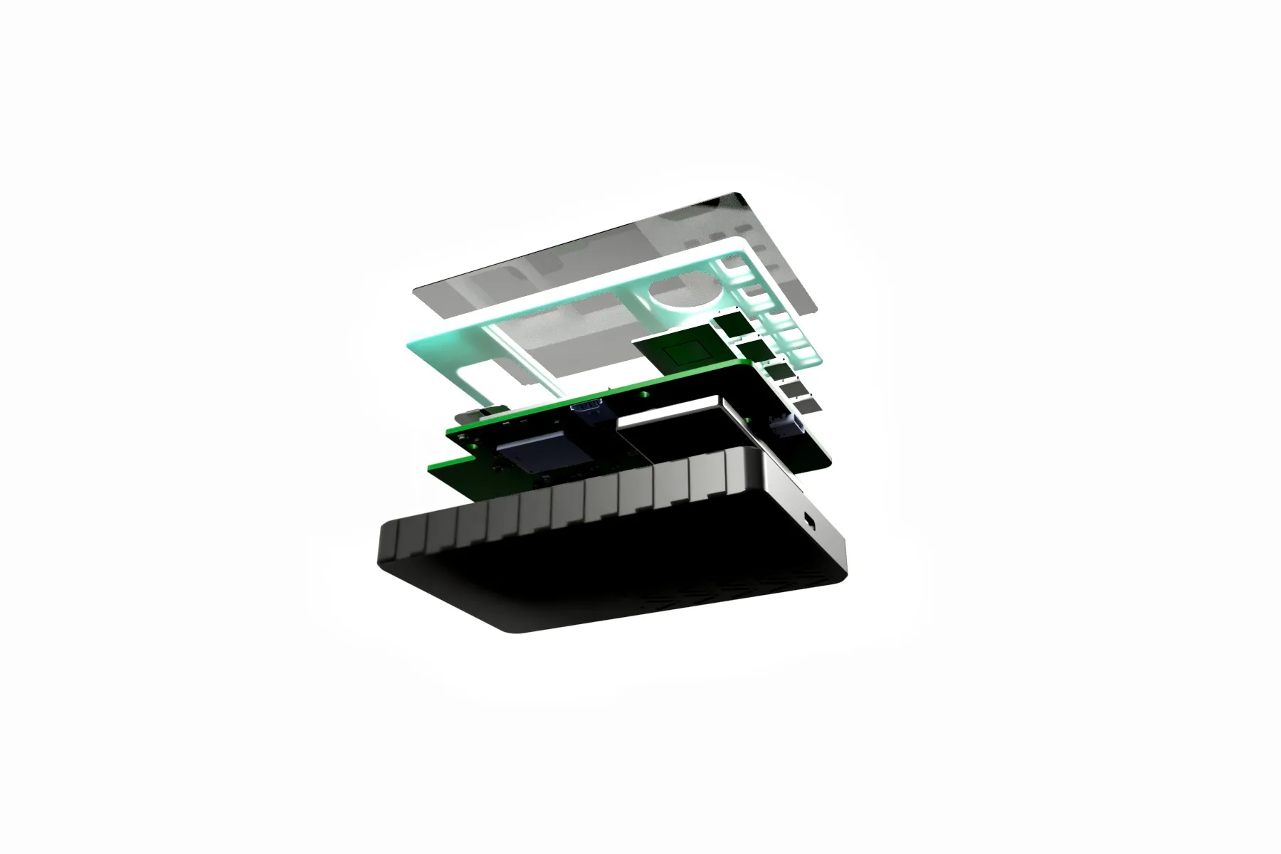 QuePay device internal architecture — exploded view