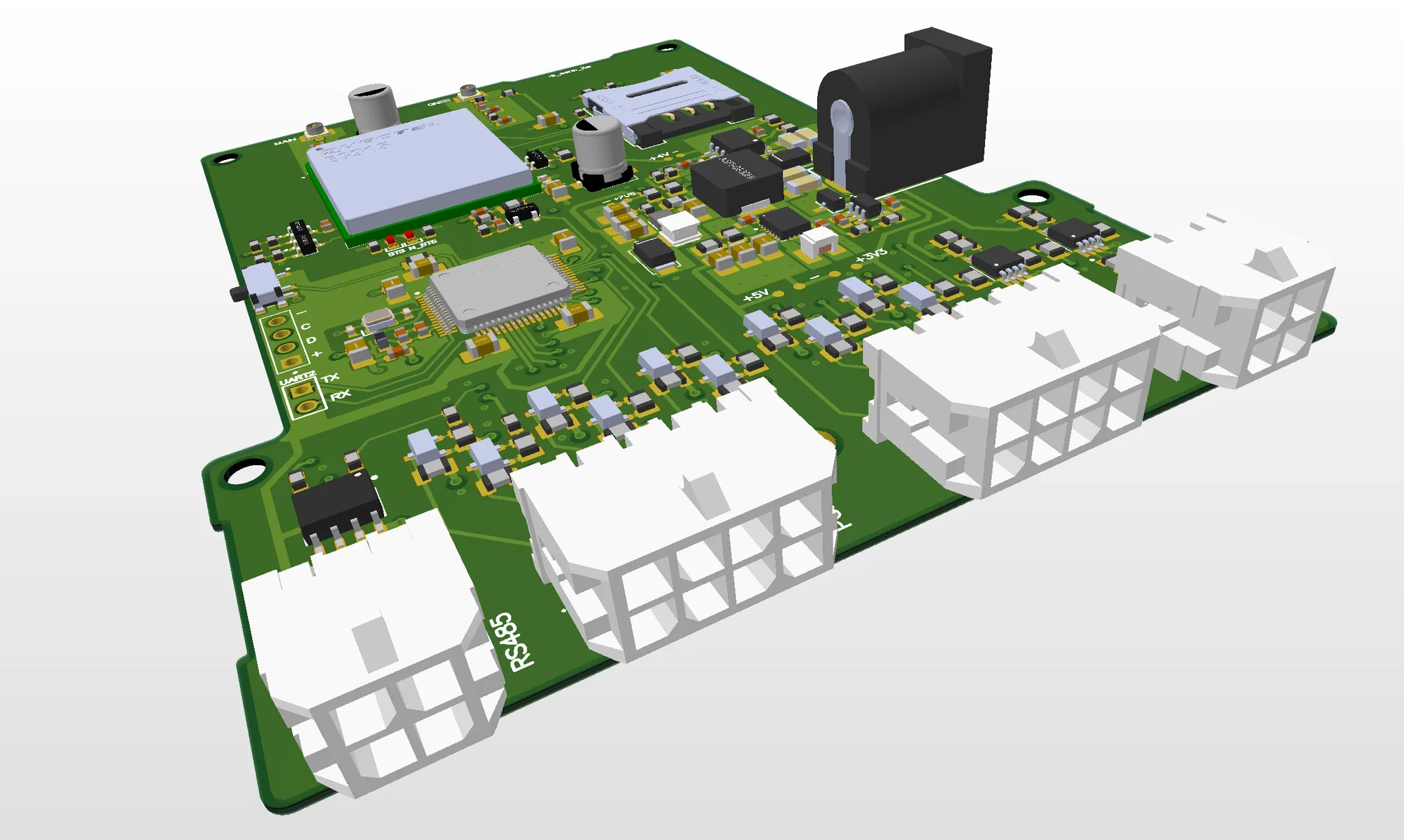 QuePay main controller PCB — 3D render